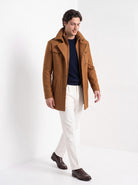 BLENIN men's double collar wool coat in camel, full outfit, walking