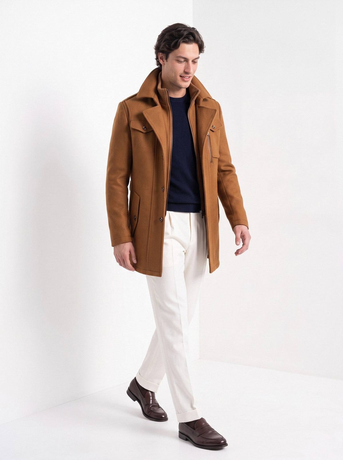 BLENIN men's double collar wool coat in camel, full outfit, walking