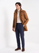 BLENIN men's double collar wool coat in camel, three-quarter view