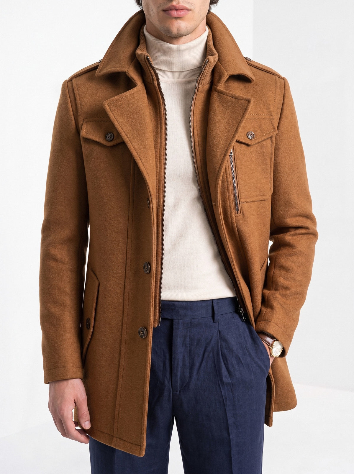 BLENIN men's double collar wool coat in camel, close-up of the details