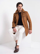 BLENIN men's double collar wool coat in camel, seated, full outfit