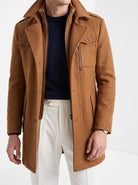 BLENIN men's double collar wool coat in camel, fit detail