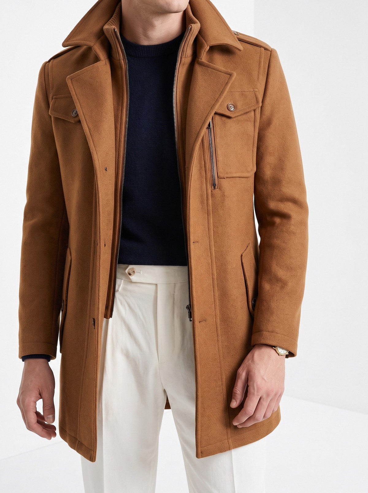 BLENIN men's double collar wool coat in camel, fit detail