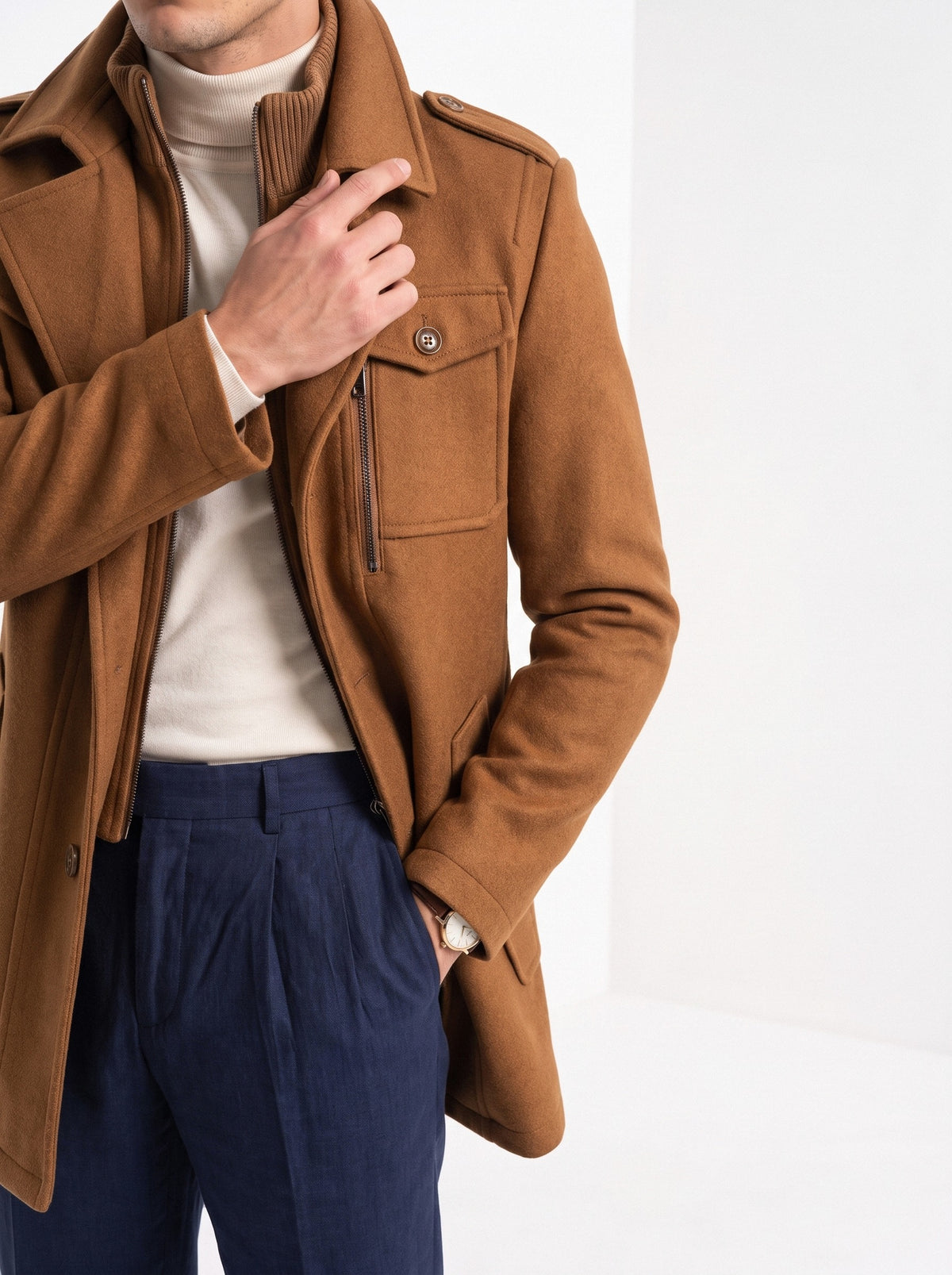 BLENIN men's double collar wool coat in camel, styled detail