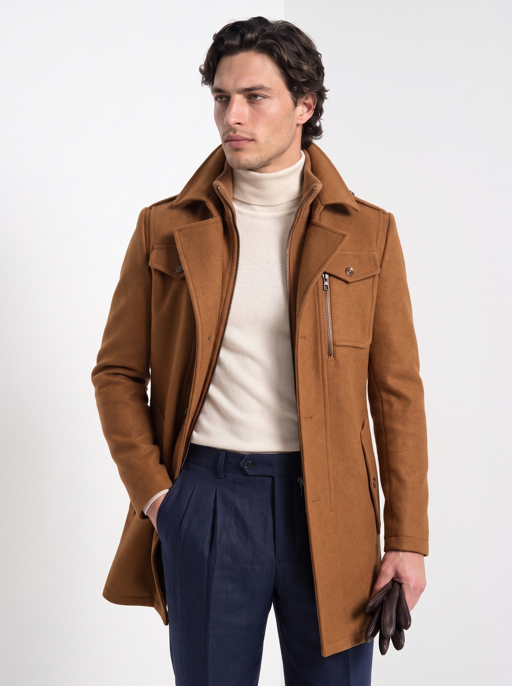 BLENIN men's double collar wool coat in camel, front portrait