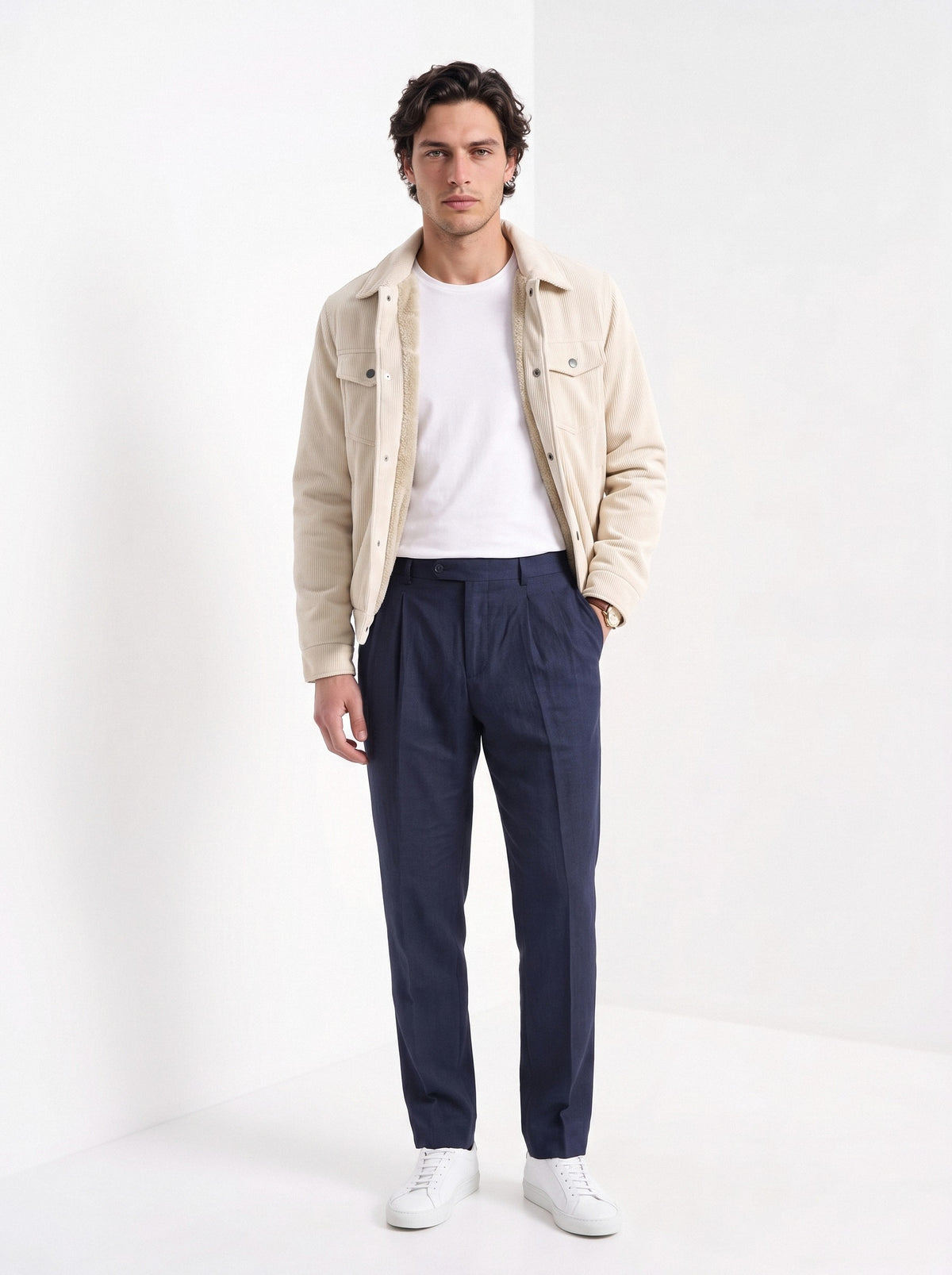 BLENIN men's corduroy sherpa jacket in cream, full-length front view