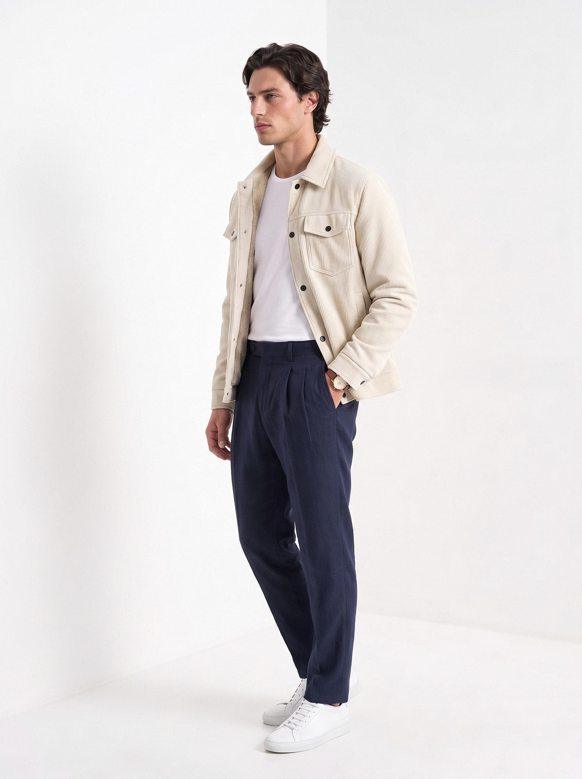 BLENIN men's corduroy sherpa jacket in cream, three-quarter view