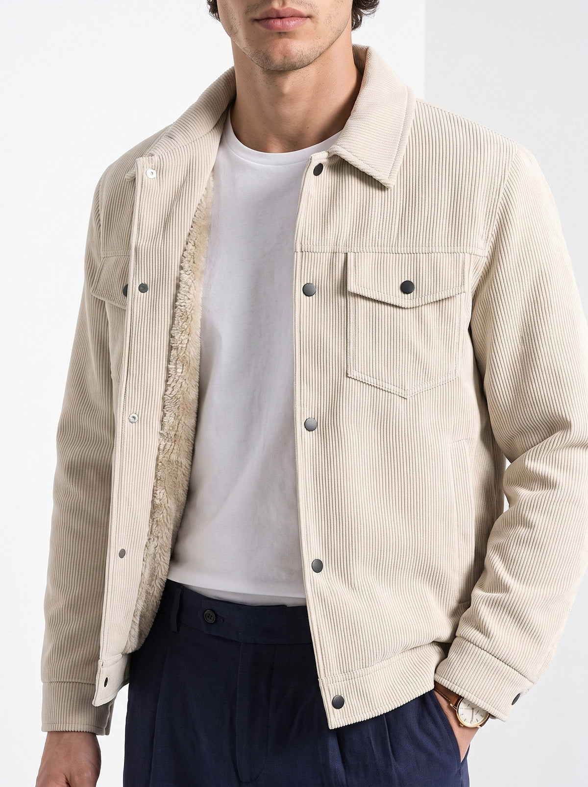 BLENIN men's corduroy sherpa jacket in cream, close-up of the details