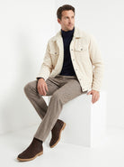 BLENIN men's corduroy sherpa jacket in cream, seated, full outfit