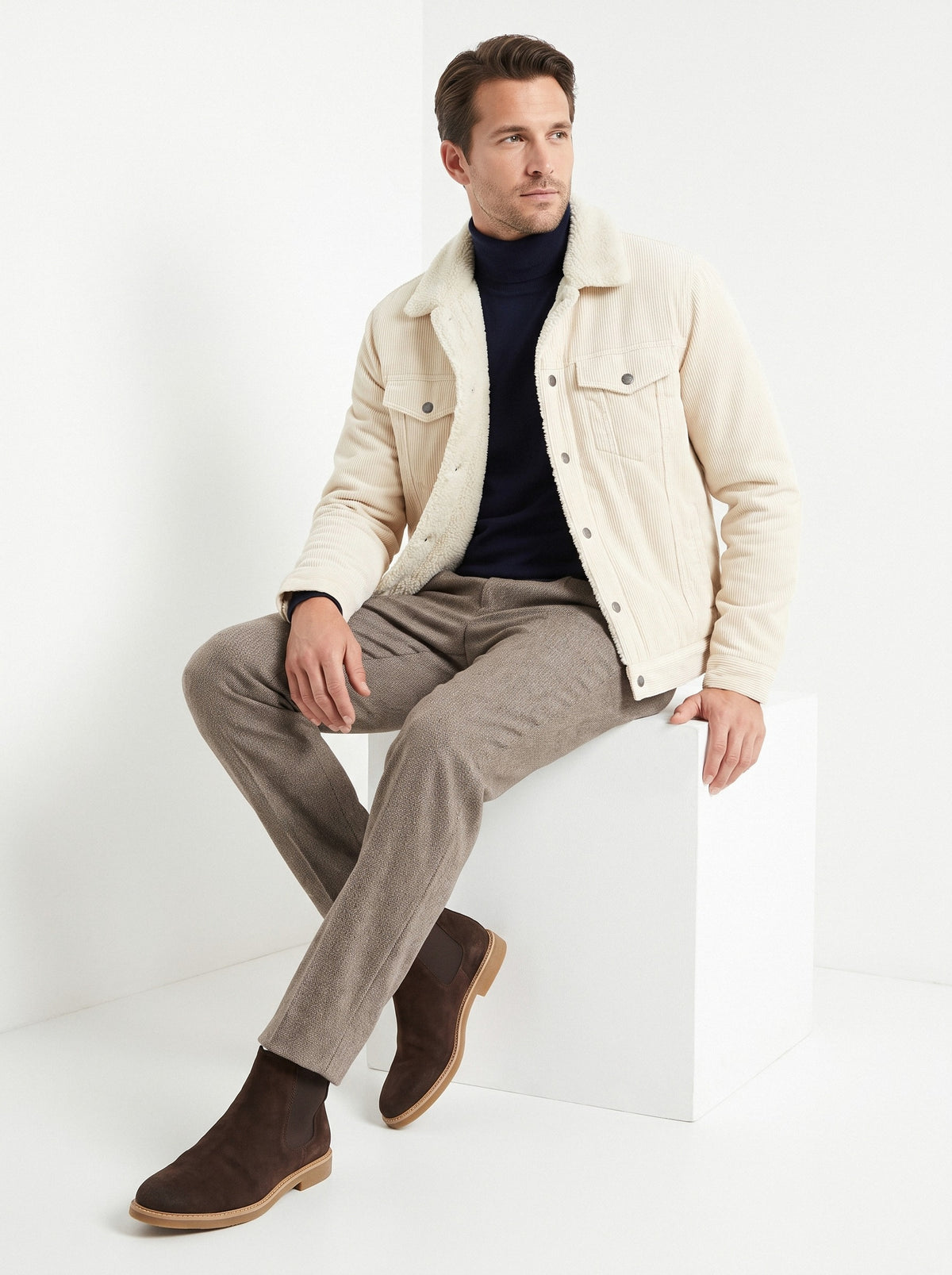 BLENIN men's corduroy sherpa jacket in cream, seated, full outfit