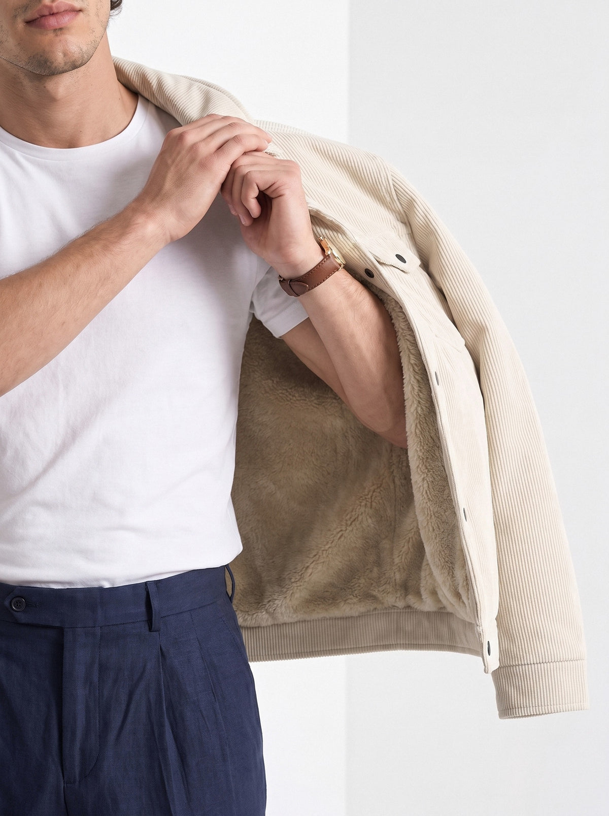 BLENIN men's corduroy sherpa jacket in cream, styled detail