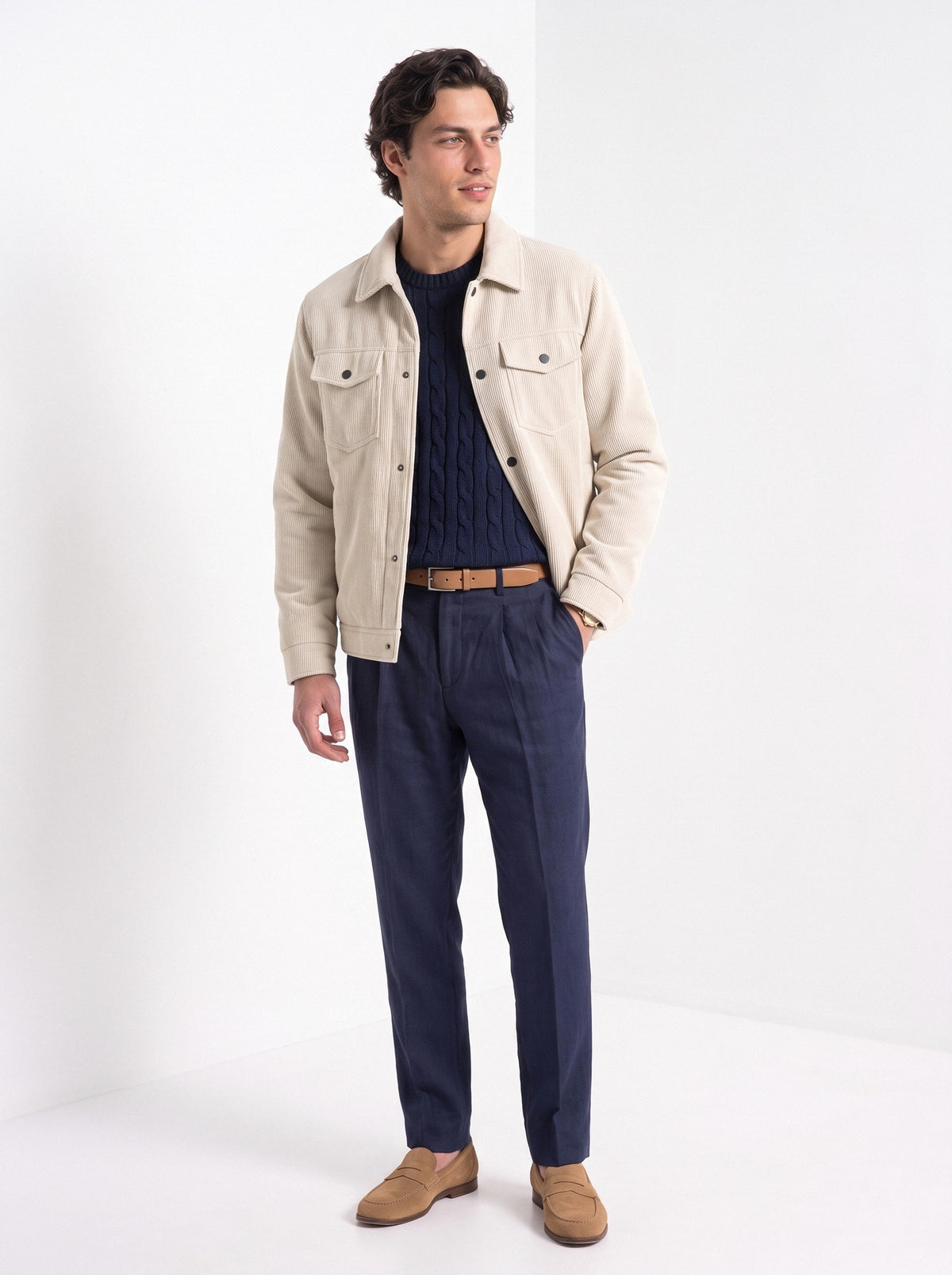 BLENIN men's corduroy sherpa jacket in cream, full-length look