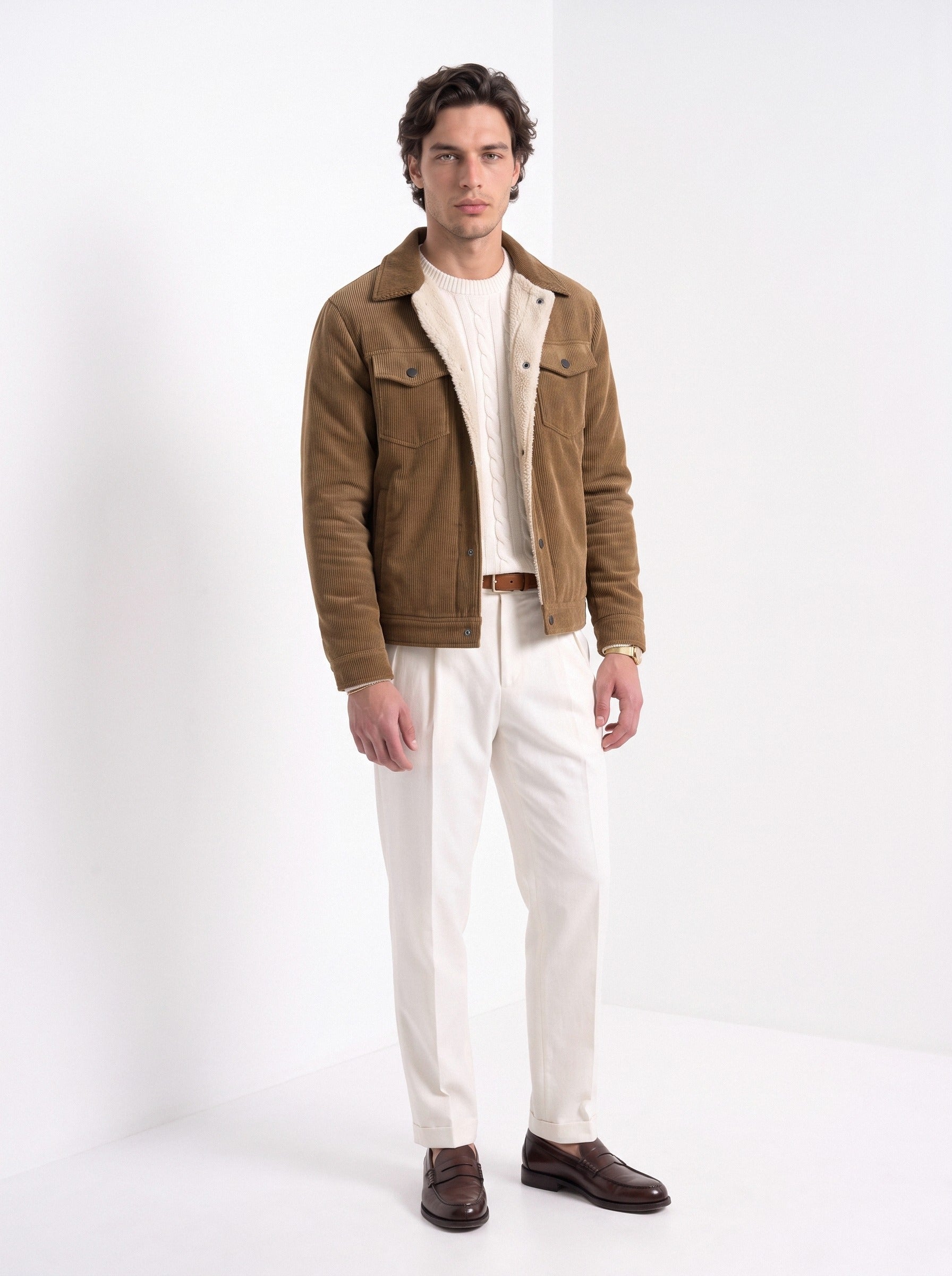 BLENIN men's corduroy sherpa jacket in coffee, full-length look