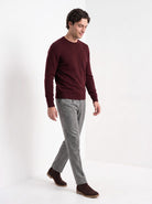 BLENIN men's 100% wool crew neck sweater in burgundy, full outfit, walking