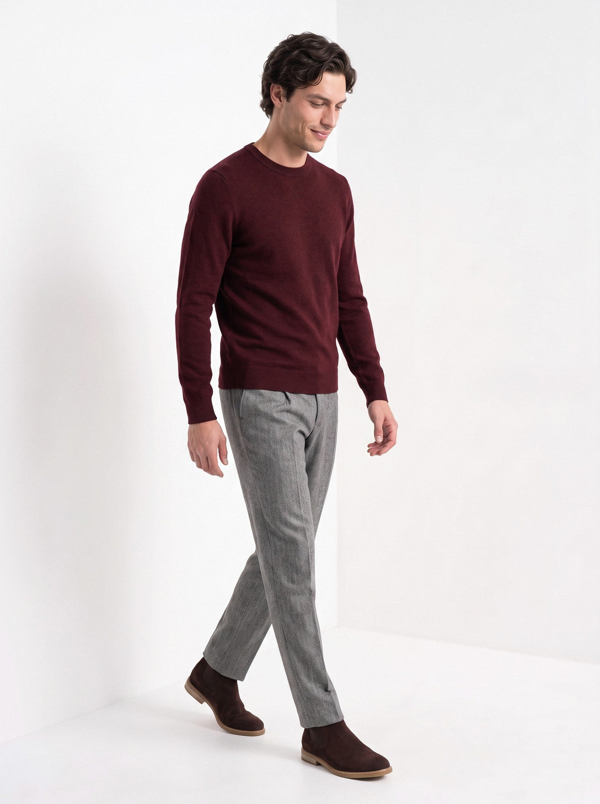 BLENIN men's 100% wool crew neck sweater in burgundy, full outfit, walking