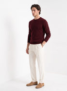 BLENIN men's 100% wool crew neck sweater in burgundy, three-quarter view
