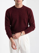BLENIN men's 100% wool crew neck sweater in burgundy, styled detail