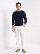 BLENIN men's 100% wool crew neck sweater in navy, full-length front view