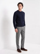 BLENIN men's 100% wool crew neck sweater in navy, three-quarter view
