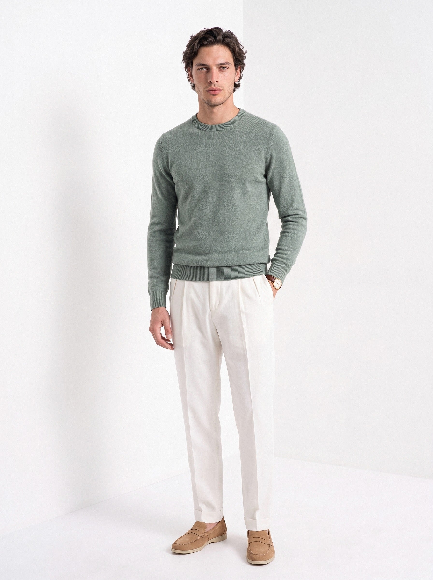 BLENIN men's 100% wool crew neck sweater in sage, full-length front view