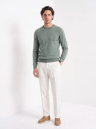 BLENIN men's 100% wool crew neck sweater in sage, full-length front view