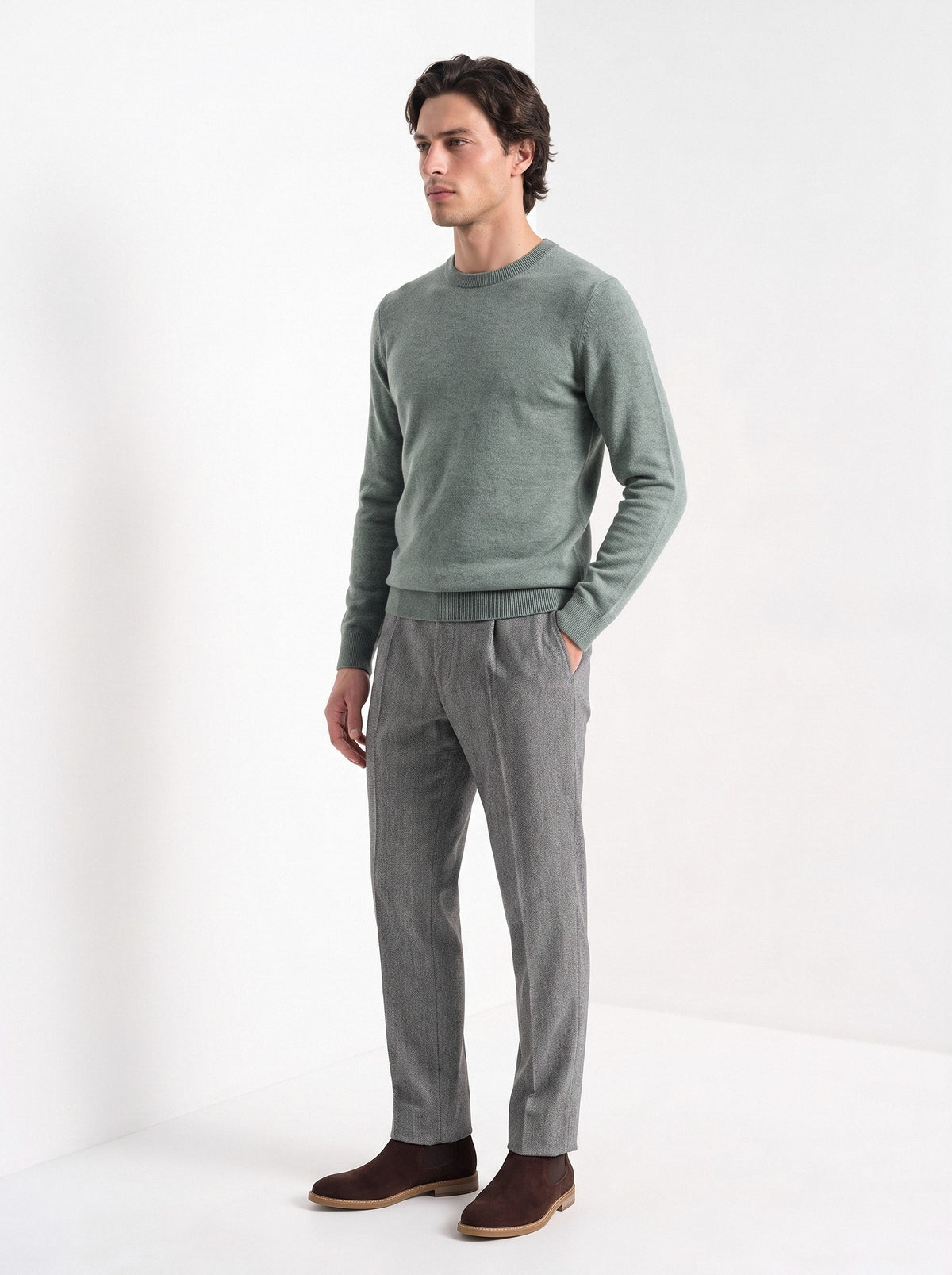 BLENIN men's 100% wool crew neck sweater in sage, three-quarter view