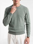 BLENIN men's 100% wool crew neck sweater in sage, close-up of the details