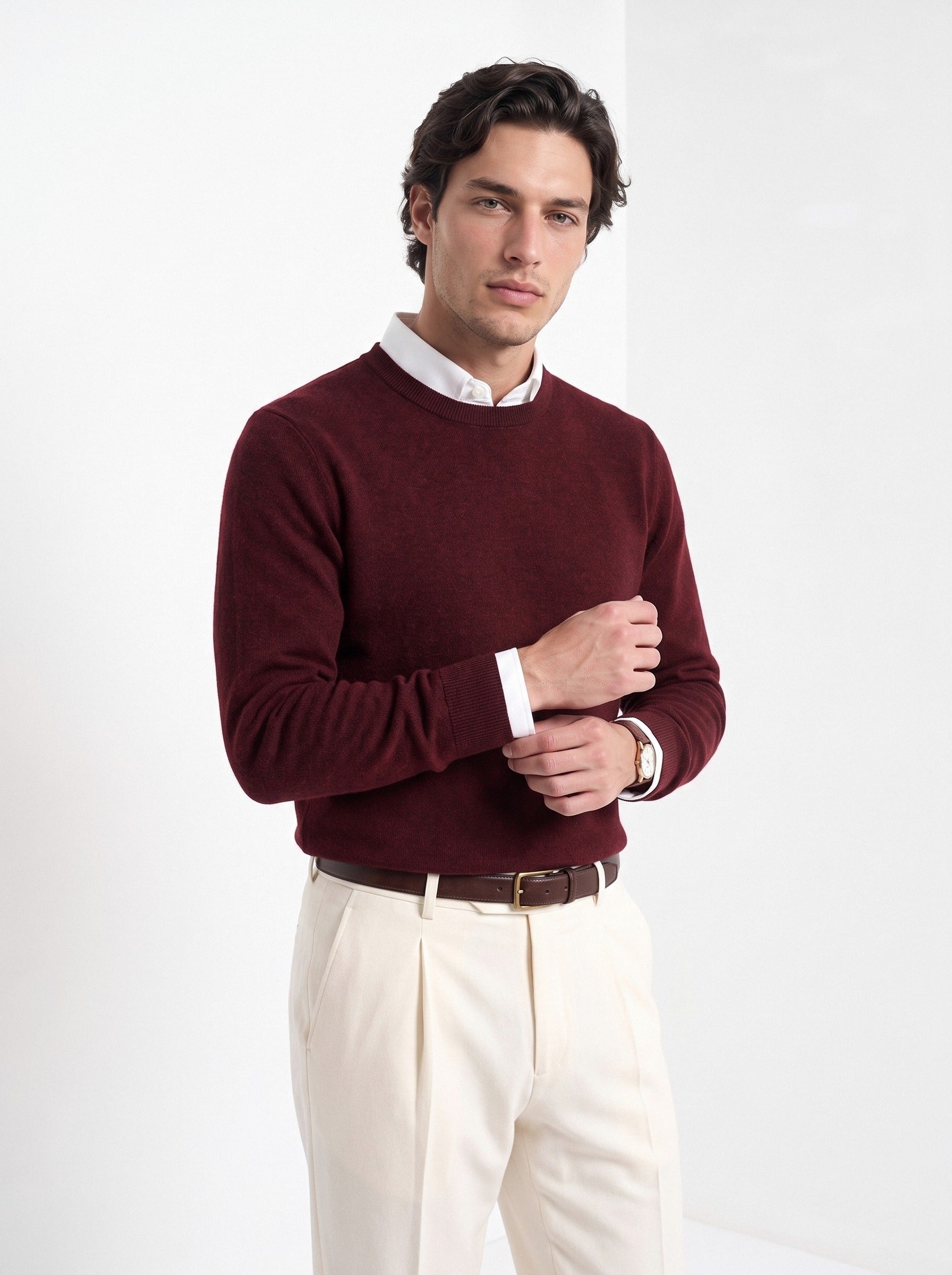 BLENIN men's 100% wool crew neck sweater in burgundy, front portrait