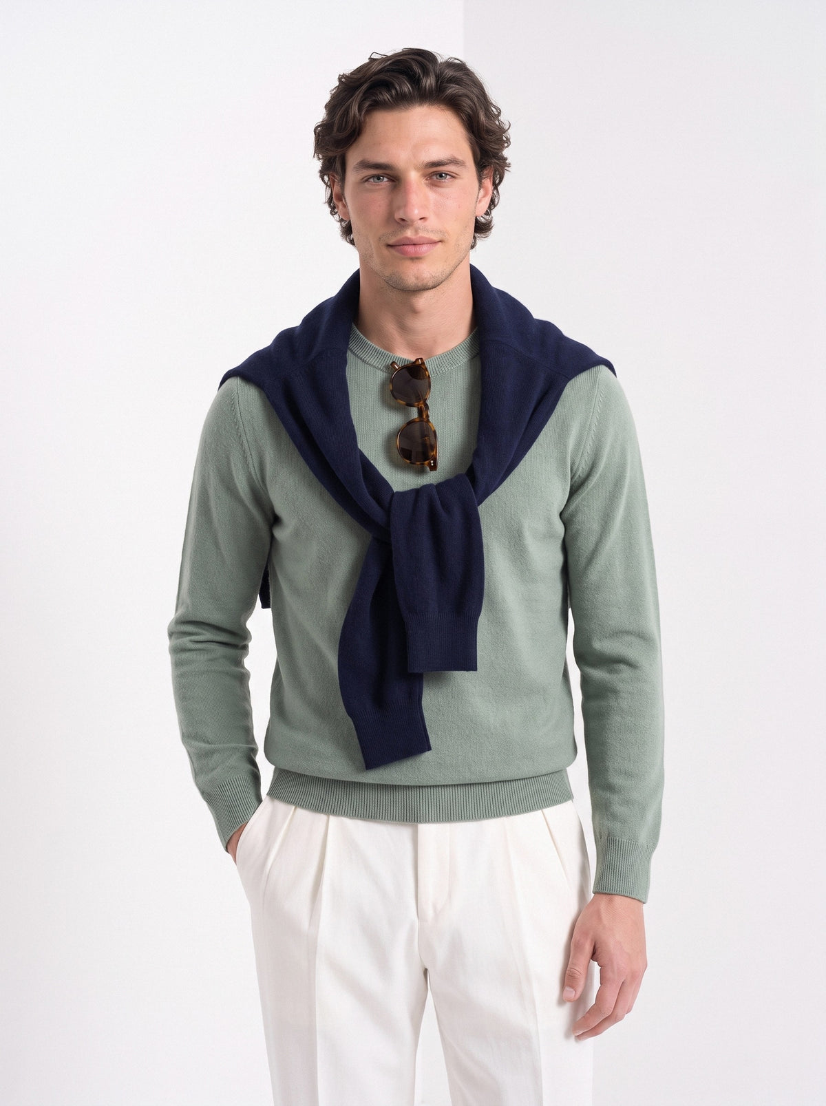 BLENIN men's 100% wool crew neck sweater in sage, front portrait