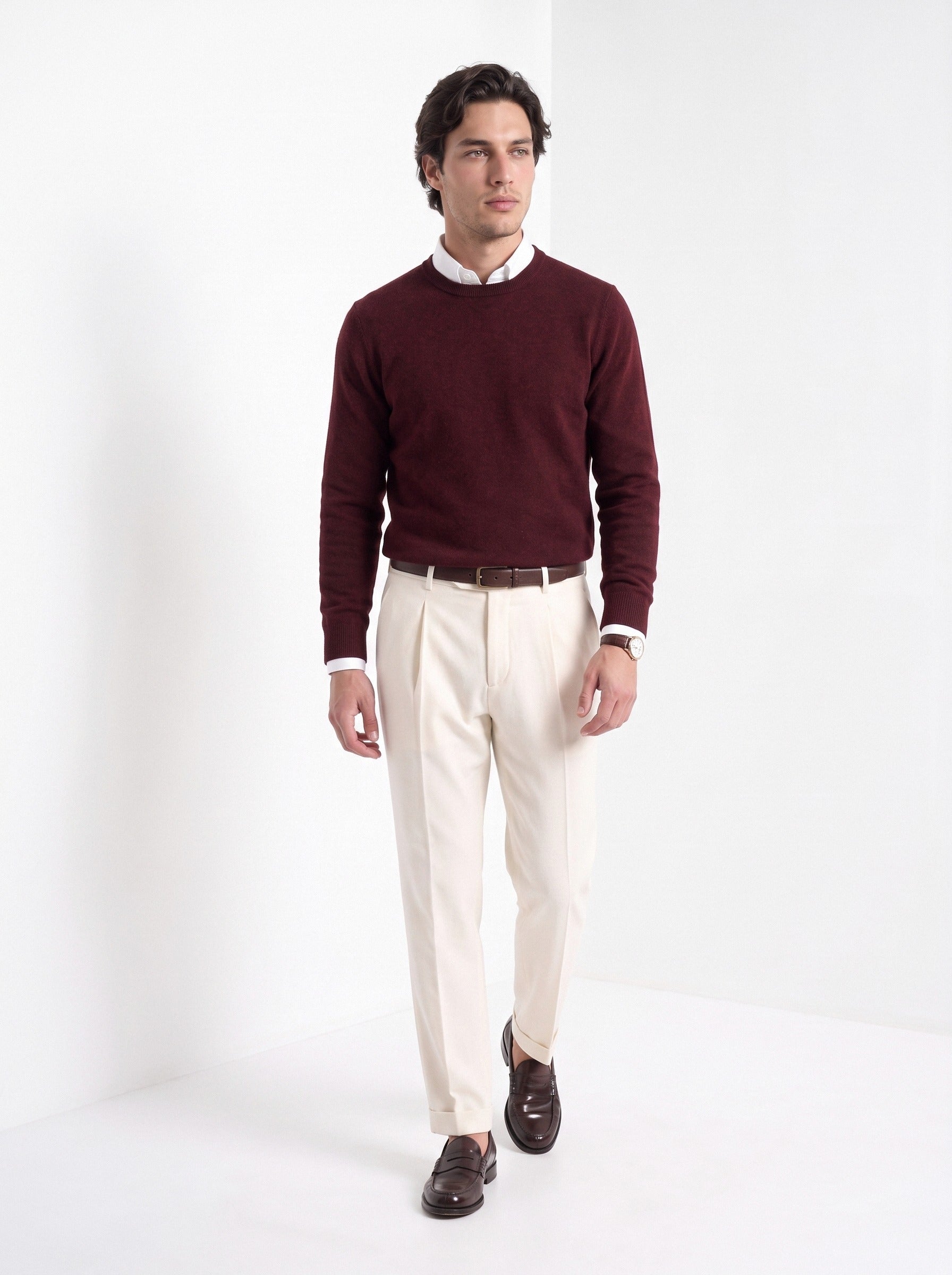 BLENIN men's 100% wool crew neck sweater in burgundy, full-length look