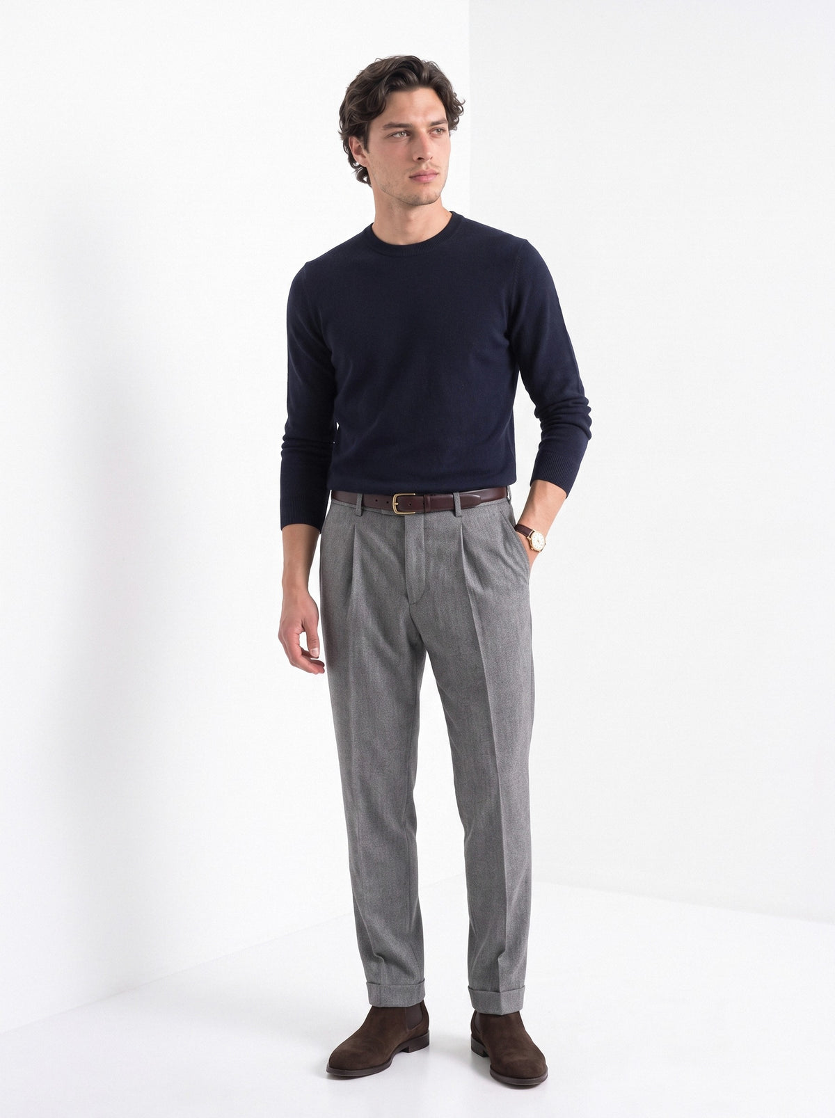 BLENIN men's 100% wool crew neck sweater in navy, full-length look