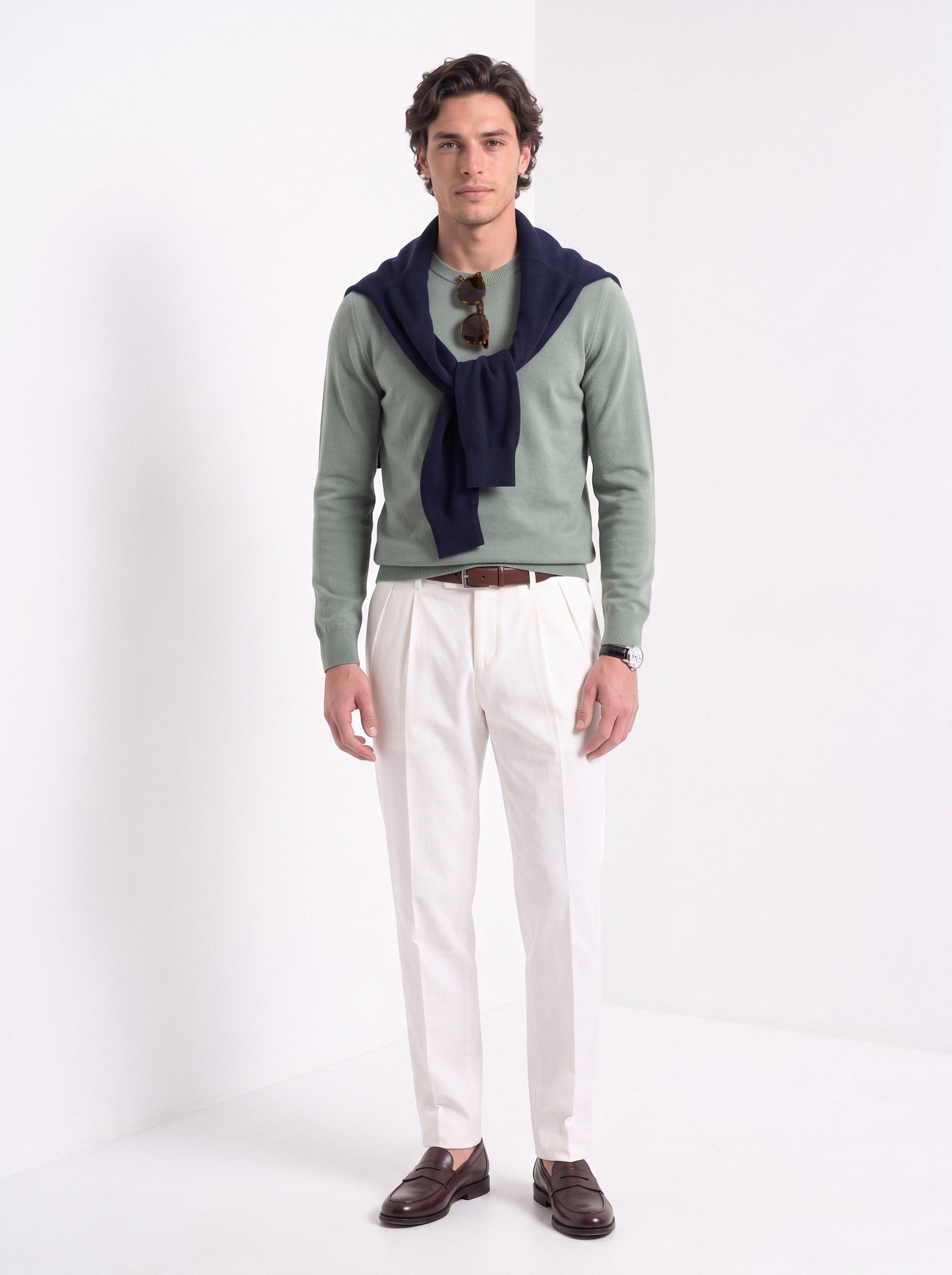 BLENIN men's 100% wool crew neck sweater in sage, full-length look