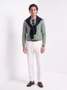 BLENIN men's 100% wool crew neck sweater in sage, full-length look