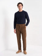 BLENIN men's corduroy pleated trousers in brown, full-length front view