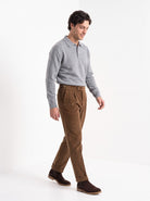 BLENIN men's corduroy pleated trousers in brown, full outfit, walking