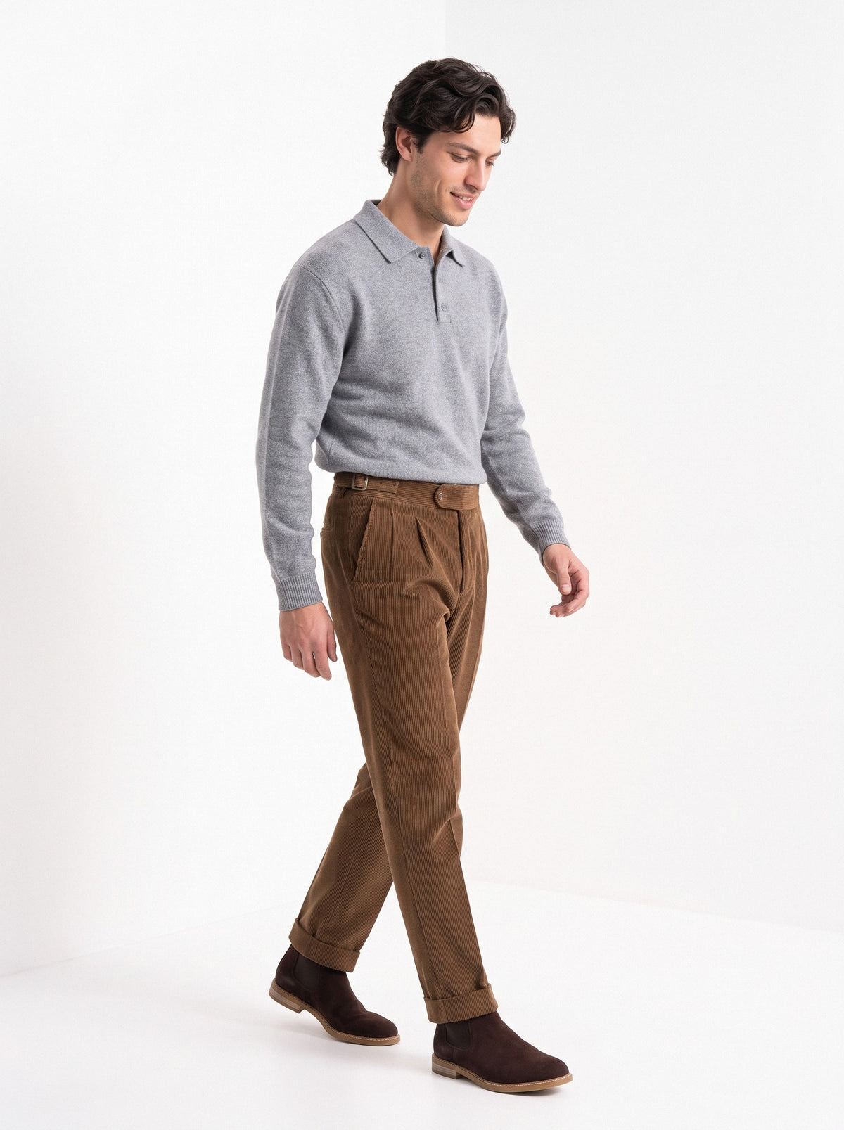 BLENIN men's corduroy pleated trousers in brown, full outfit, walking
