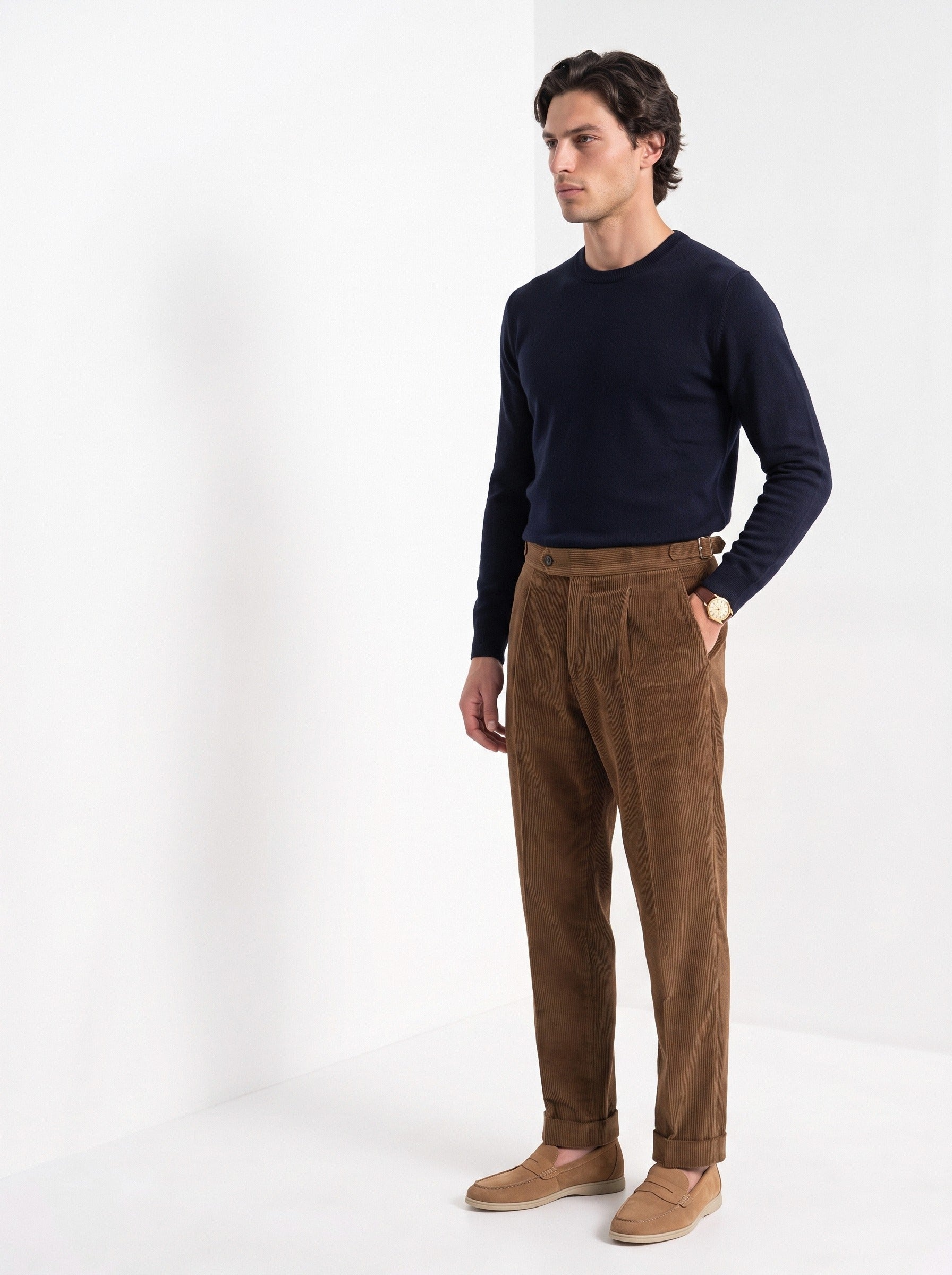 BLENIN men's corduroy pleated trousers in brown, three-quarter view