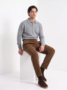 BLENIN men's corduroy pleated trousers in brown, seated, full outfit