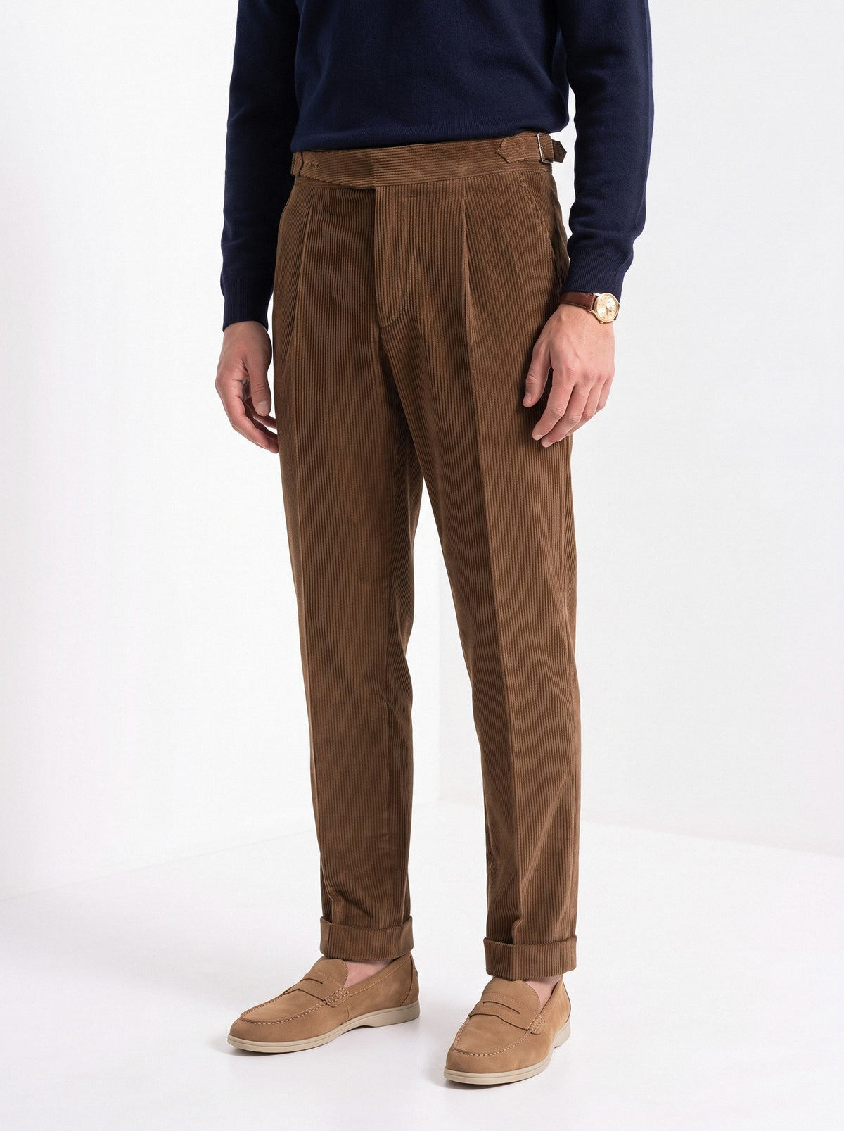 BLENIN men's corduroy pleated trousers in brown, fit detail