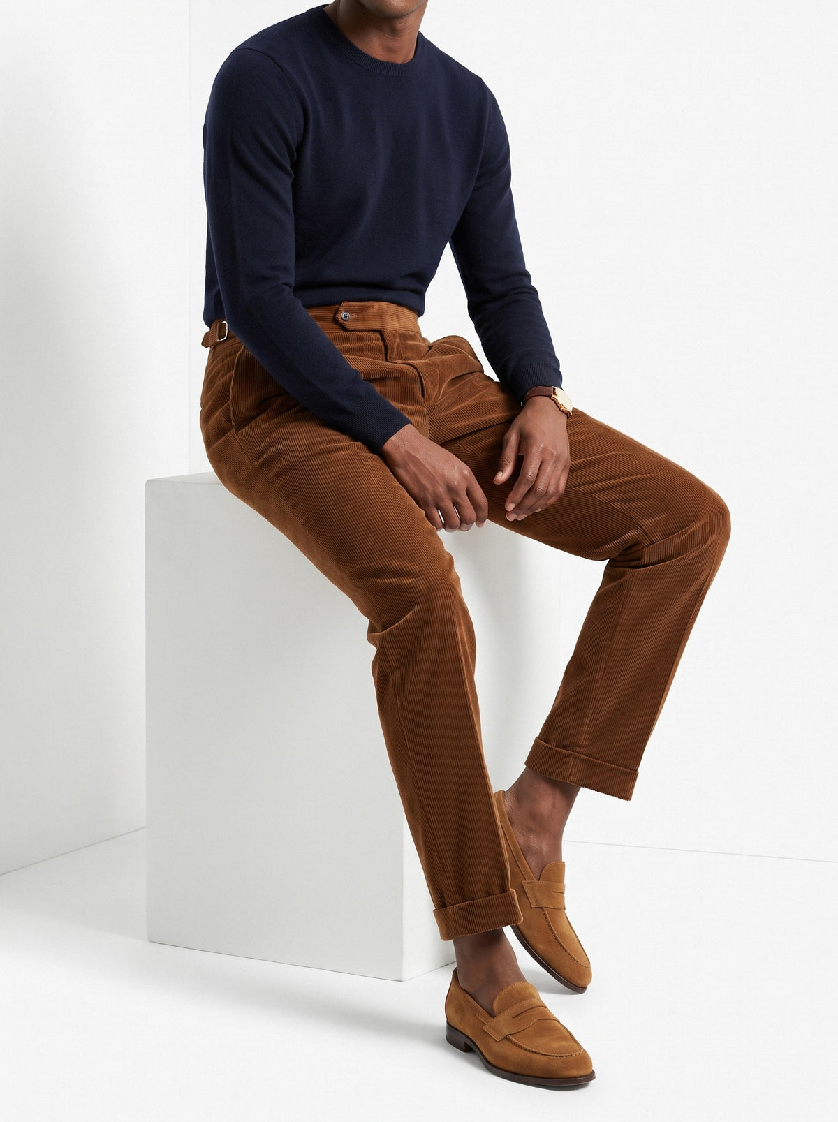 BLENIN men's corduroy pleated trousers in brown, styled detail