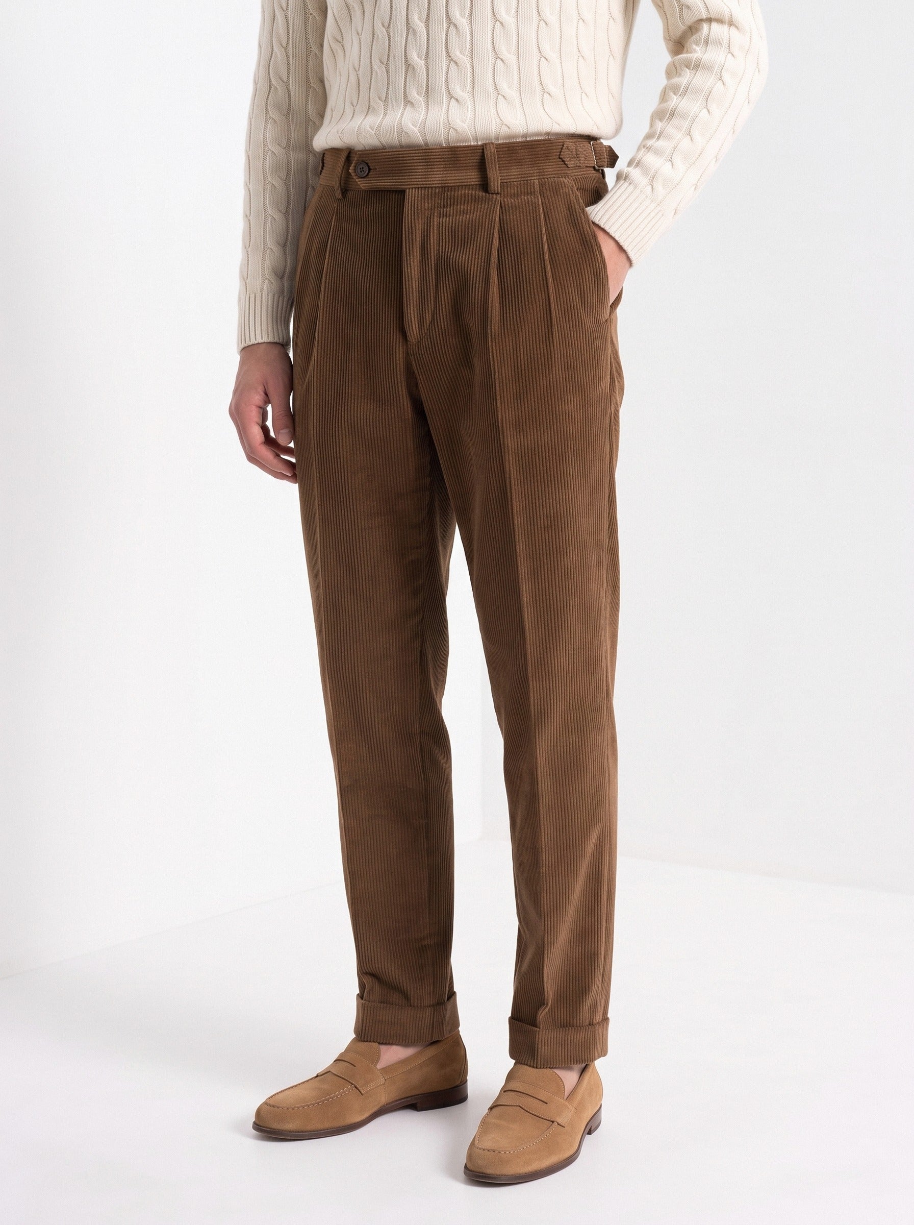 BLENIN men's corduroy pleated trousers in brown, front portrait