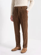 BLENIN men's corduroy pleated trousers in brown, front portrait