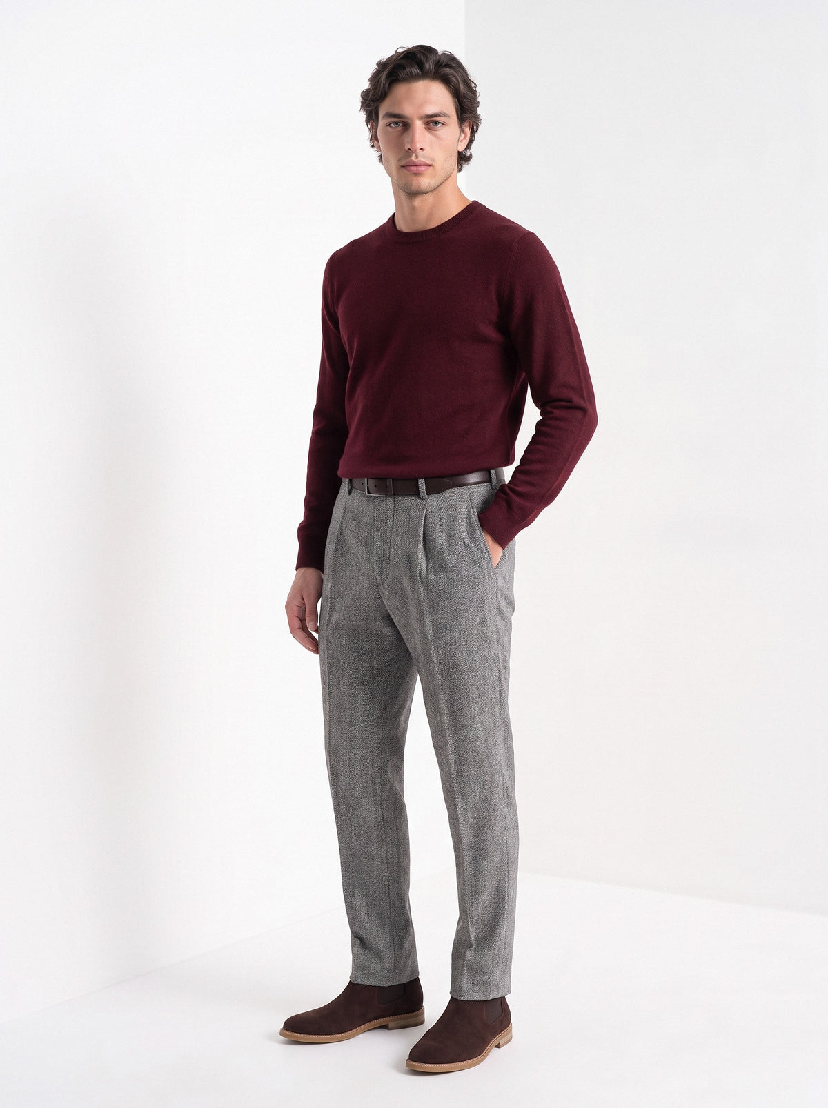 BLENIN men's herringbone wool trousers in grey, full-length front view