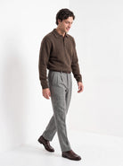 BLENIN men's herringbone wool trousers in grey, full outfit, walking