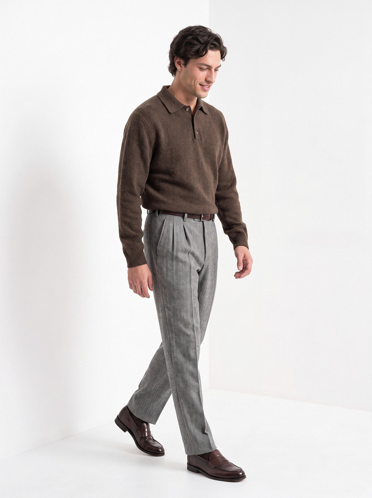 BLENIN men's herringbone wool trousers in grey, full outfit, walking