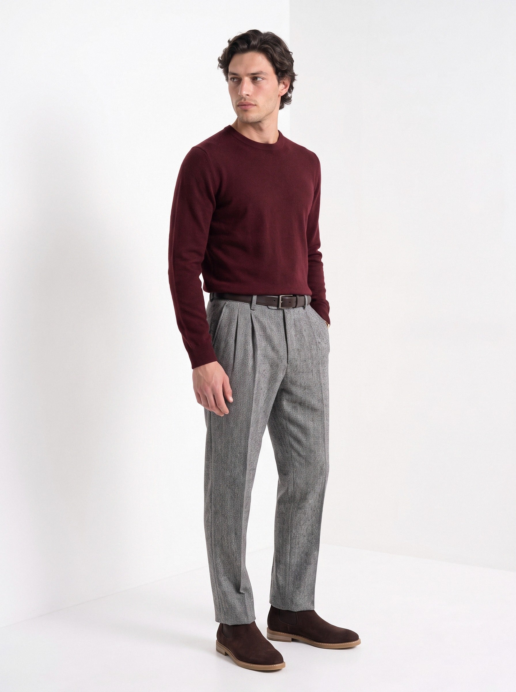 BLENIN men's herringbone wool trousers in grey, three-quarter view