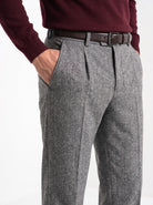 BLENIN men's herringbone wool trousers in grey, close-up of the details