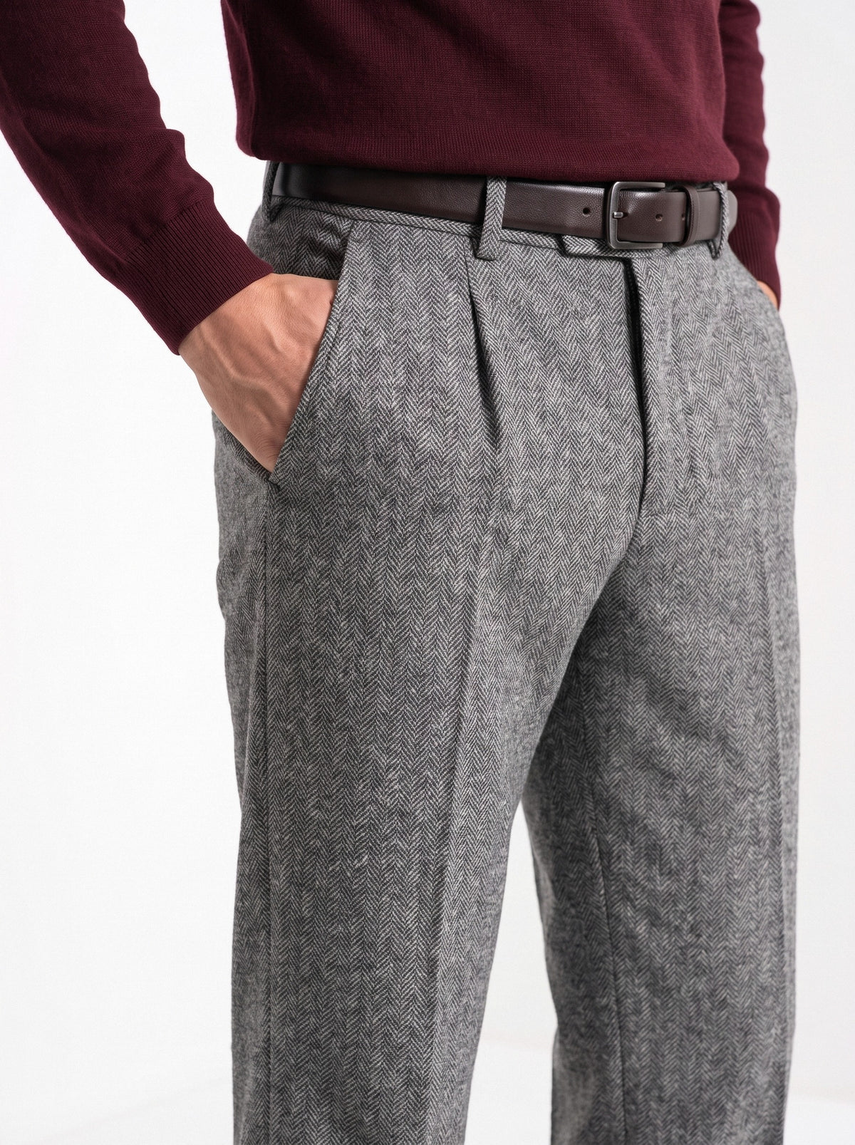 BLENIN men's herringbone wool trousers in grey, close-up of the details
