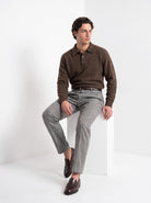 BLENIN men's herringbone wool trousers in grey, seated, full outfit