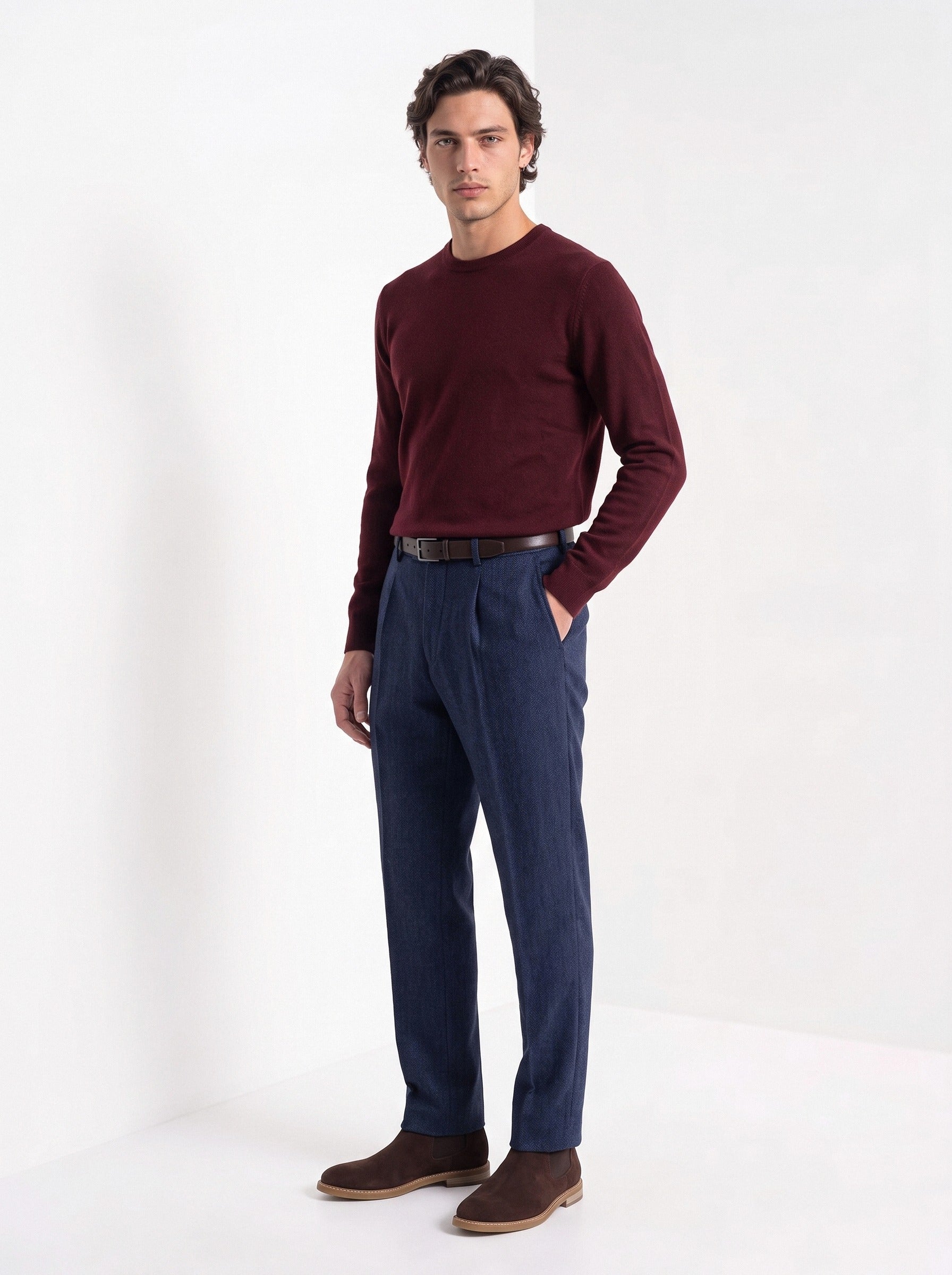 BLENIN men's herringbone wool trousers in navy, full-length front view